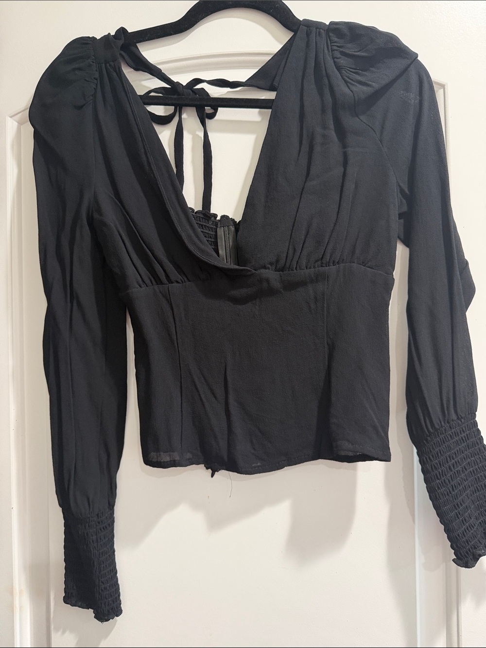 Reformation Black Long-Sleeve V-Neck Tie-Back Blouse